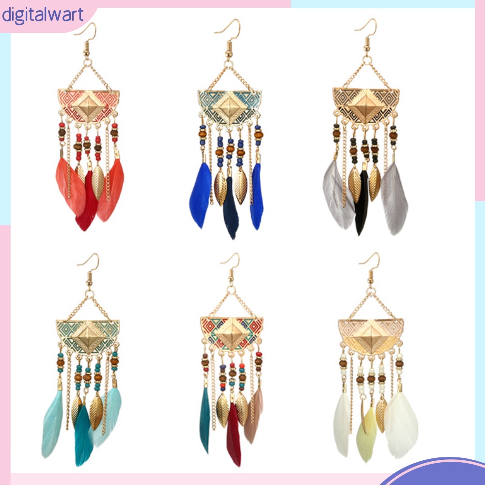 Bông Tai Hình Quạt Phối Lông Vũ Thời Trang Bohemian Dành Cho Nữ