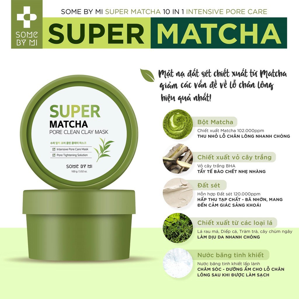 Mặt Nạ Đất Sét Se Khít Lỗ Chân Lông, Điều Tiết Bã Nhờn Some By Mi Super Matcha Pore Clean Clay Mask 100g