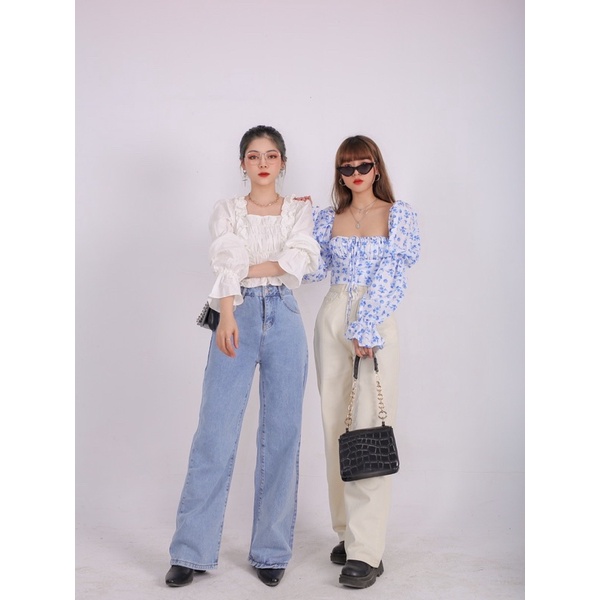 SẴN - Áo hoa nhí cổ vuông xanh