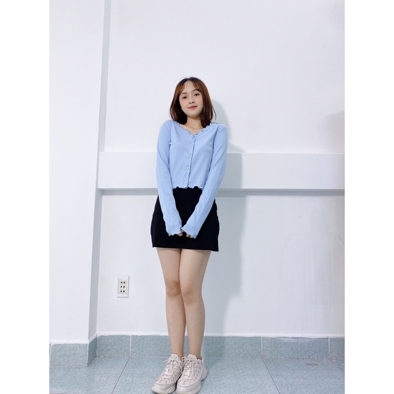 Áo croptop tay dài xuất xịn cổ nhún bèo nhẹ nhàng chất thun len gân