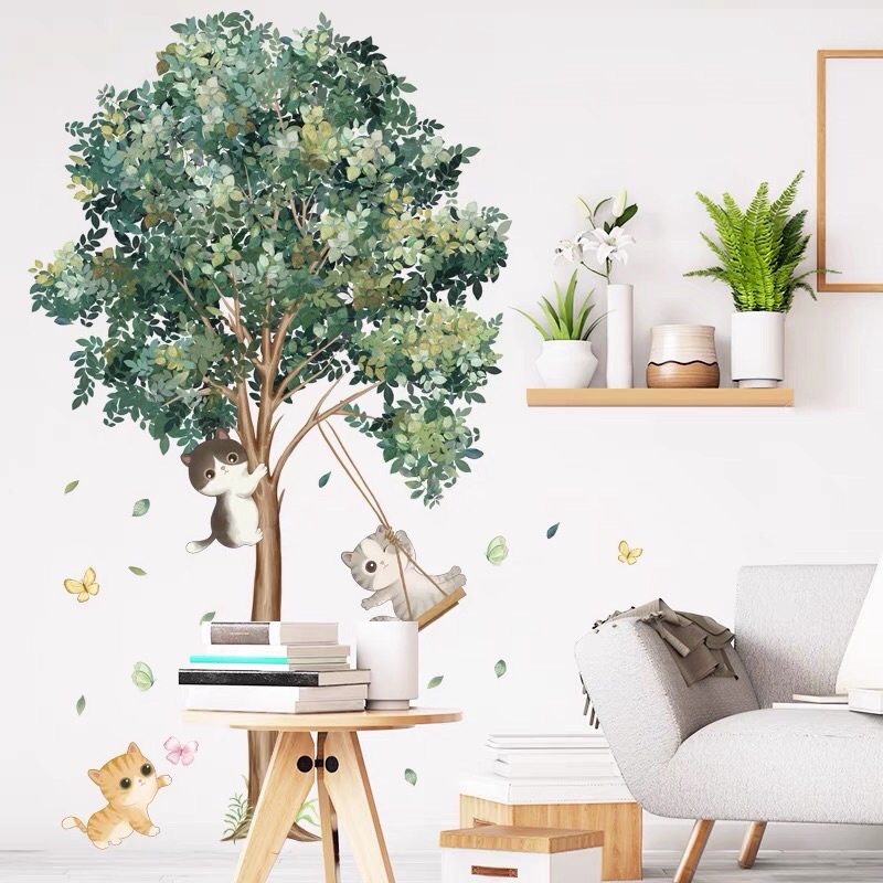 Decal dán tường, Tranh dán tường cây xanh và 3 chú mèo xinh.