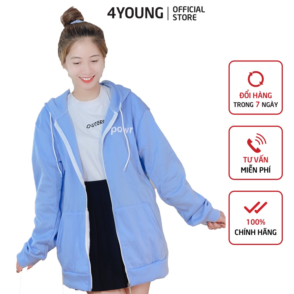 Áo khoác nữ form rộng có dây kéo 4YOUNG in chữ POWR