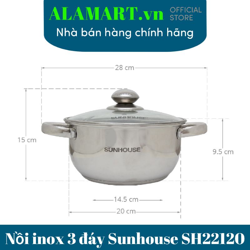 Nồi inox 3 đáy 20 cm Sunhouse SH22120 nồi inox nhỏ sữ dụng bếp từ