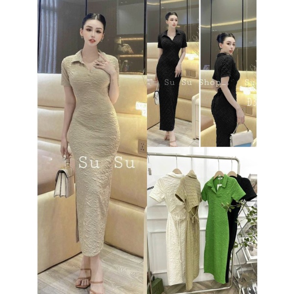 Đầm Xốp Khoét Hở Lưng Cột Dây Nơ - Tay Ngắn Cổ Trụ Polo Basic - Dáng Dài Maxi Form Ôm Body Sexy - Đơn Giản Sang Chảnh