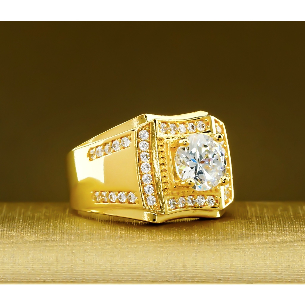 Nhẫn Nam Mặt Vuông Viền Đá Mạ Vàng 18k Kim Jewelry Viền Đính Đá Trắng, Sang Trọng Và Đẳng Cấp