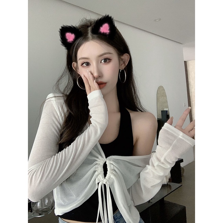 Cocory vn Set Áo Hai Dây Dệt Kim Cổ Chữ U + Áo Khoác Tay Dài Dáng Rộng Thời Trang Mùa Hè Cho Nữ