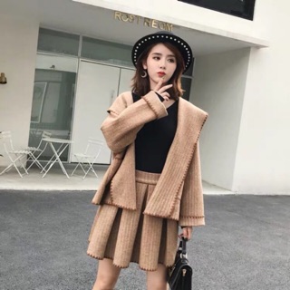 Set Áo Vest Và Chân Váy Dạ Phong Cách Hàn Quốc