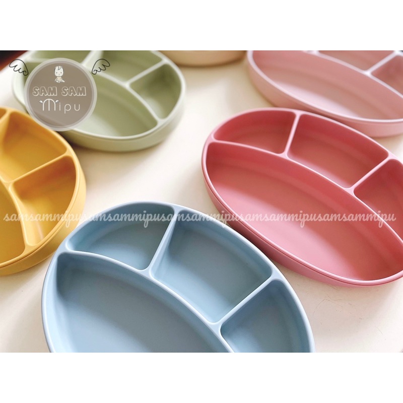 Ảnh thật khay ăn dặm silicon cao cấp Oval 4 ngăn màu Pastel có đế hít chống đổ, Không Chứa BPA  - Shop Mẹ Sam
