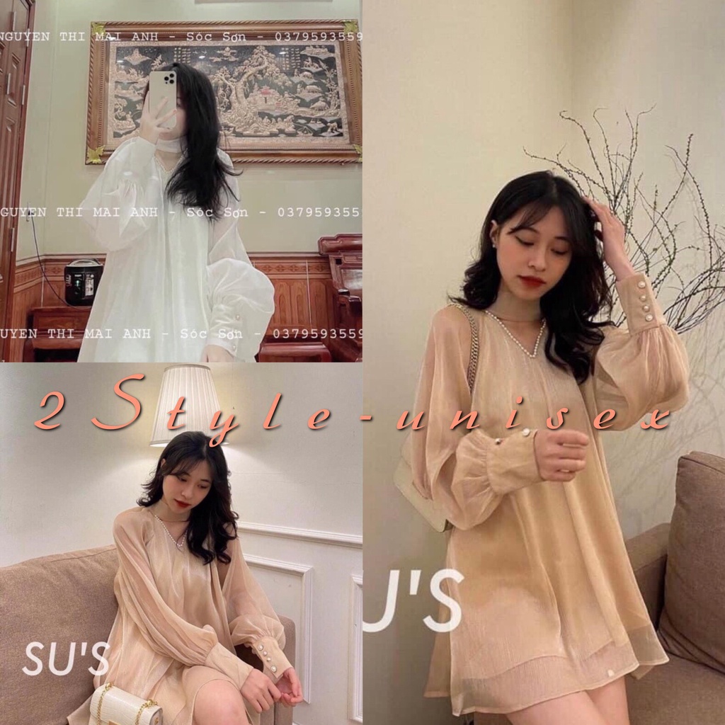 Áo voan 2 lớp cúc ngọc/ Áo babydoll tay bồng chất liệu mềm mại phong cách Hàn Quốc 2style-unisex