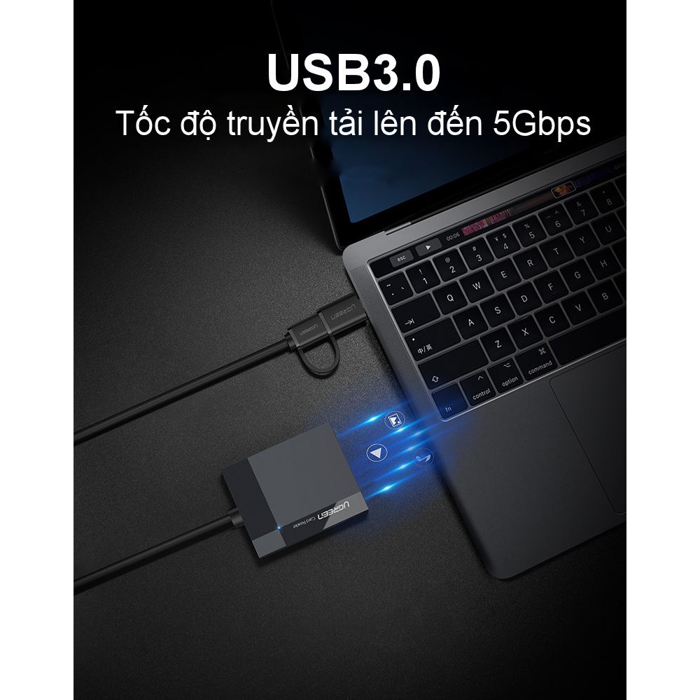 Đầu đọc thẻ hỗ trợ cổng 2 in 1 USB 3.0 / USB type C cho thẻ CF / SD / MS / TF chức năng OTG dài 50cm UGREEN CR125