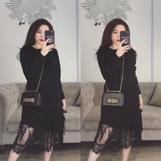 váy len basic pha chân ren nơ cạnh