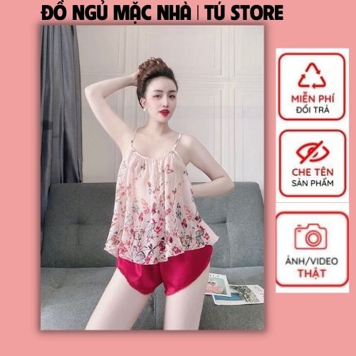 Đồ Ngủ Sexy, Đồ Bộ Mặc Nhà Nữ Áo 2 Dây Voan Hoa Phối Quần Đùi Satin Màu Hàng Đẹp Phong Cách Gợi Cảm, Quyến Rủ Cho Bạn Nữ