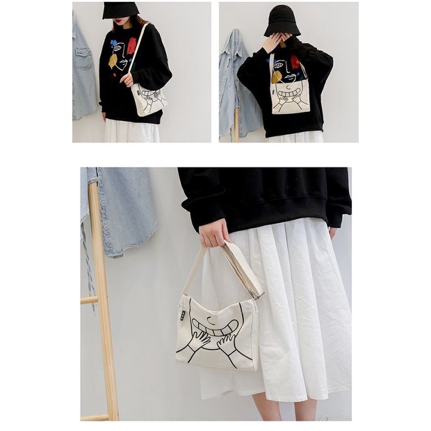 Túi Vải Canvas Đeo Chéo Sức Chứa Lớn In Họa Tiết Vui Nhộn Thời Trang Cho Nữ