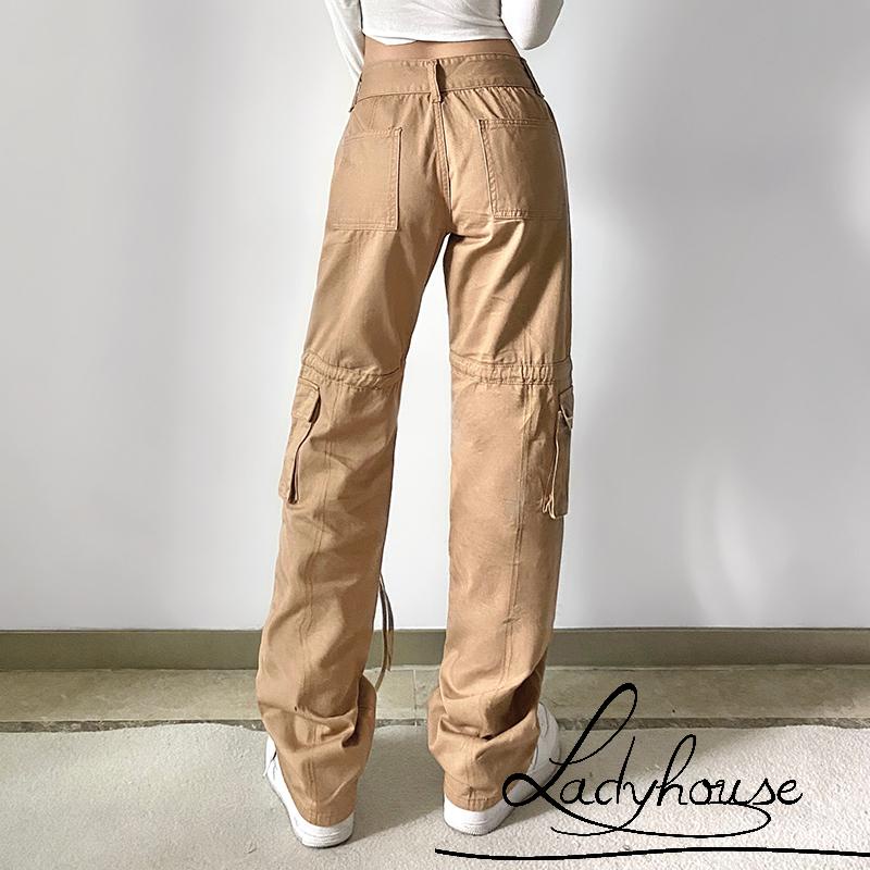 Quần Kaki Dài Lưng Cao Nhiều Túi Màu Trơn Thời Trang Dành Cho Nữ