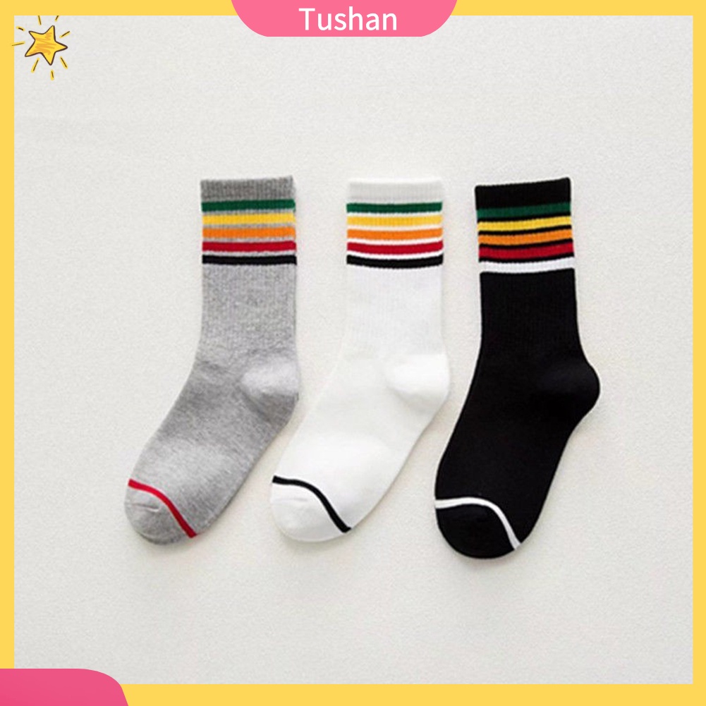 TUSH Unisex Fashion Cotton Rainbow Striped Print Elastic Sport Middle Tube Crew Socks