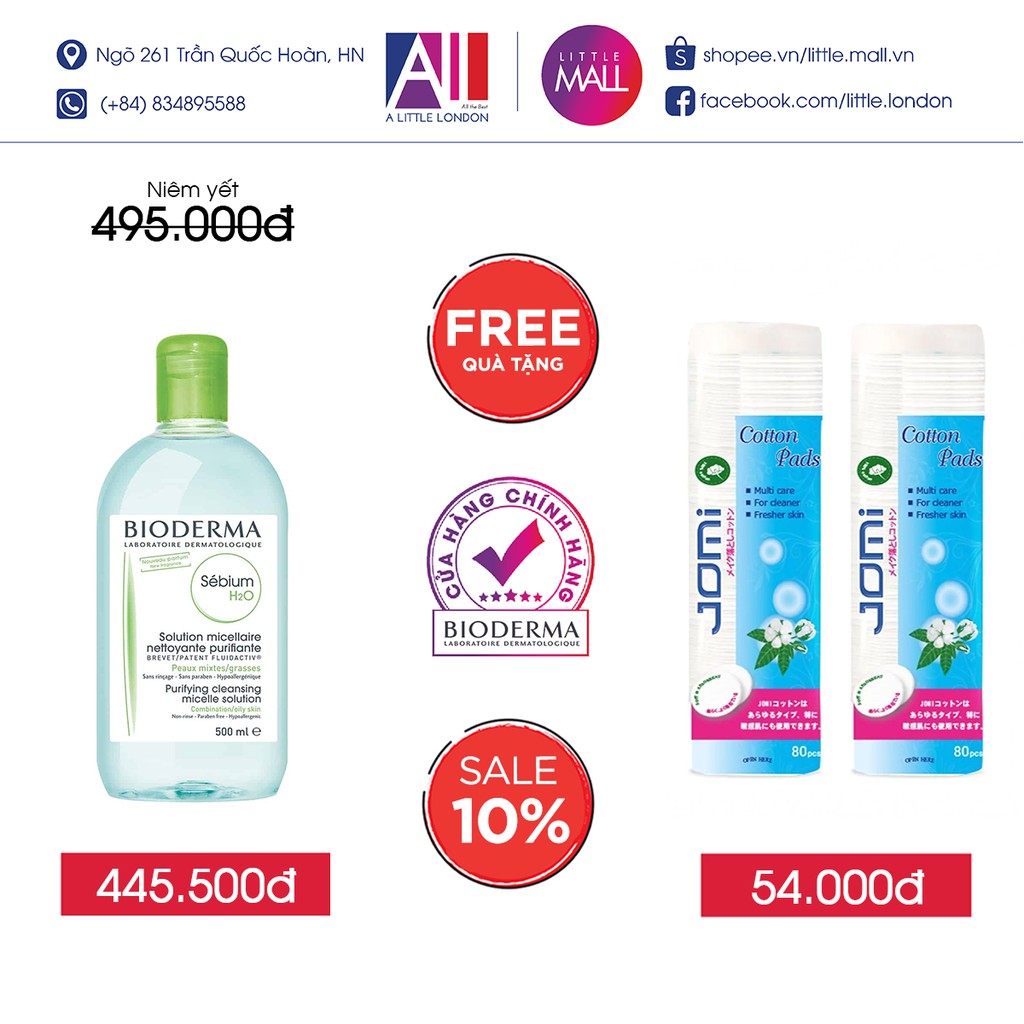 Nước tẩy trang và làm sạch dành cho da hỗn hợp,da dầu đến da mụn Bioderma sebium h20 TẶNG bông tẩy trang Jomi(Nhập khẩu) | BigBuy360 - bigbuy360.vn