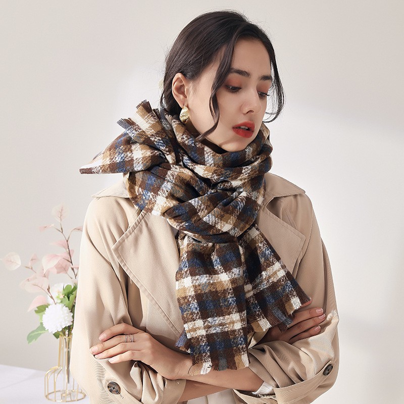 Khăn quàng cổ nữ nam len cashmere họa tiết sọc caro thời trang-Khăn choàng cổ phong cách hàn quốc LABIZI KQ04