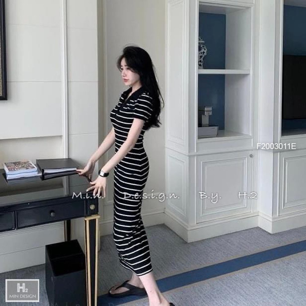 Đầm body sọc kẻ cổ bẻ tay con!