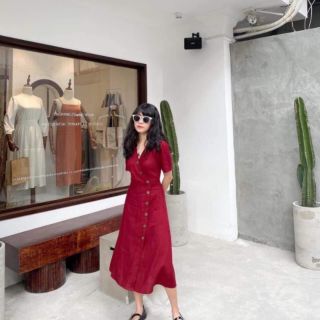 ĐẦM MIDI NÚT GỖ LỆCH