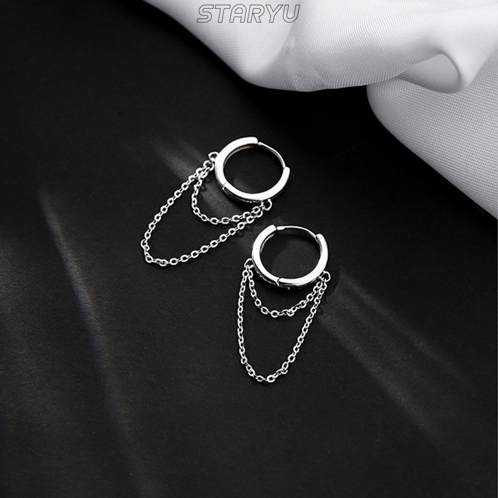 Khuyên tai bạc 925 hình tròn phối chuỗi dây xích phong cách Hàn Quốc thời trang cá tính cho nữ