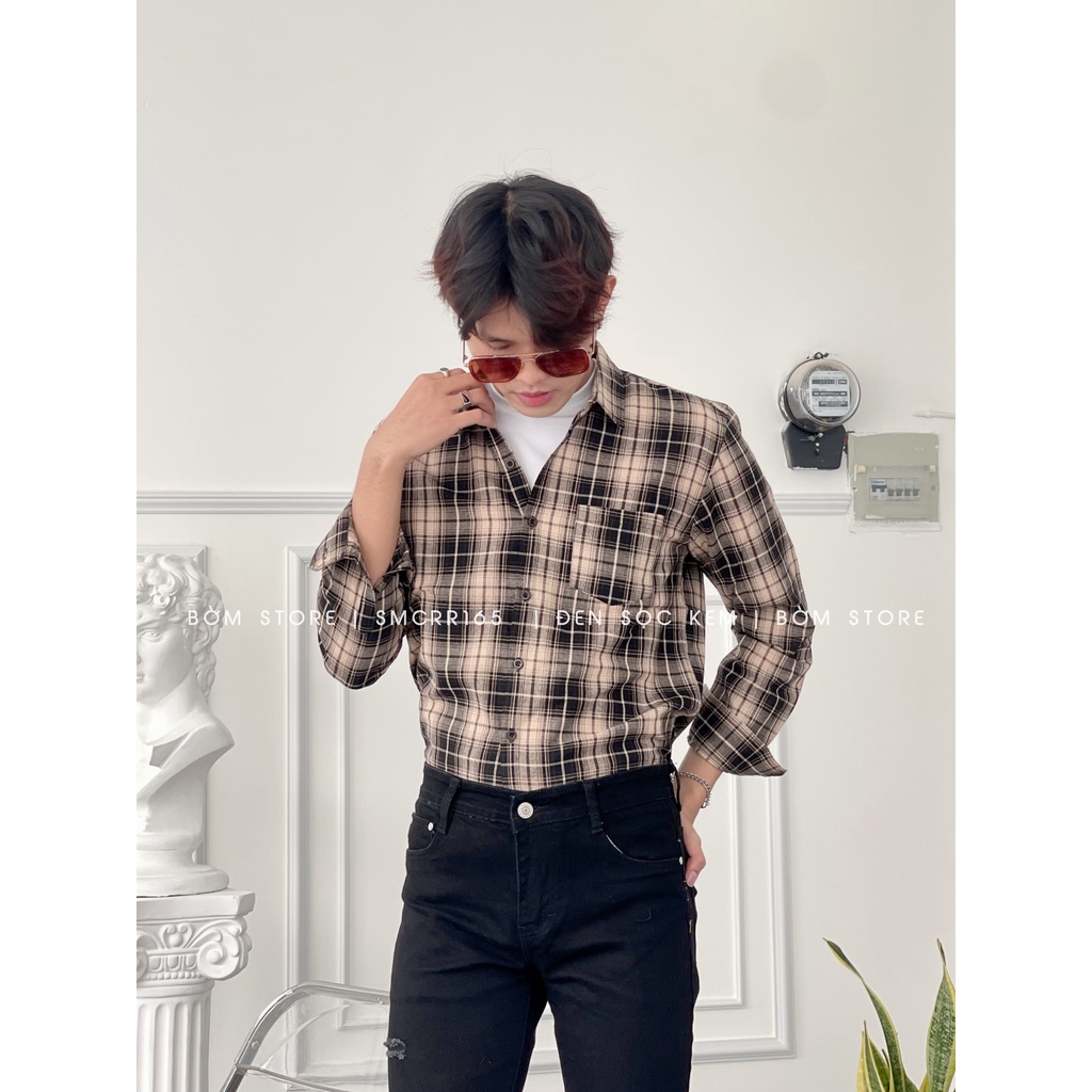 Áo Sơ Mi Nam Mẫu Caro Đen Sọc Kem BEACON DENIM Form Rộng Dự Tiệc SMCRR165