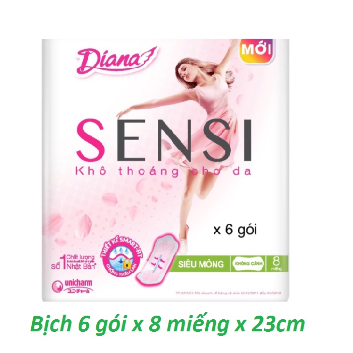 Bịch 6 gói Băng vệ sinh Diana Sensi siêu mỏng không cánh gói 8 miếng