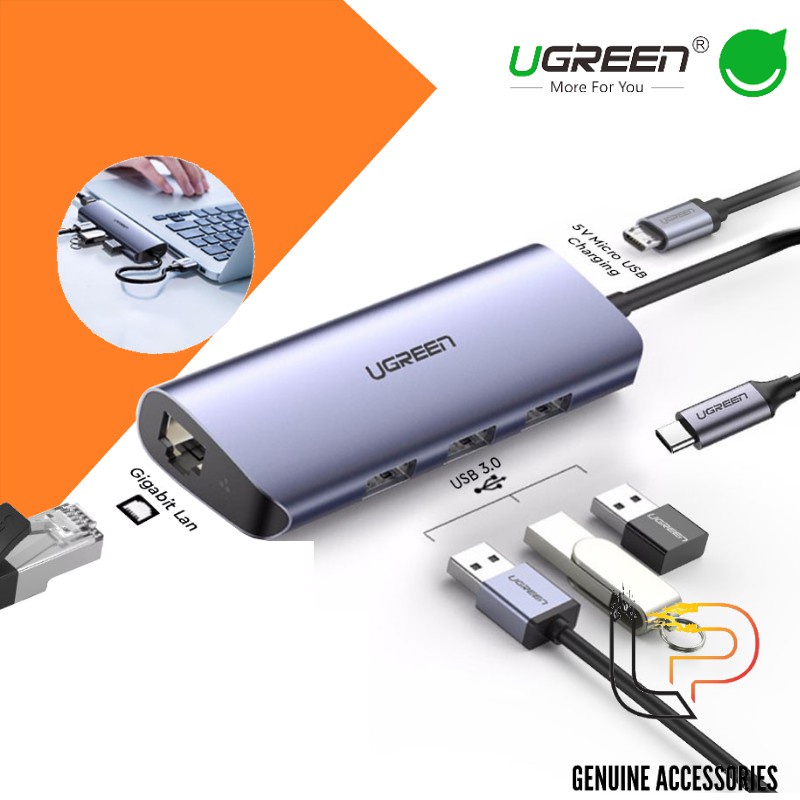 BỘ CHIA USB TYPE-C RA 3 USB 3.0+LAN 1GB UGREEN 60718 Chính Hãng CM252 (cổng trợ nguồn micro USB)