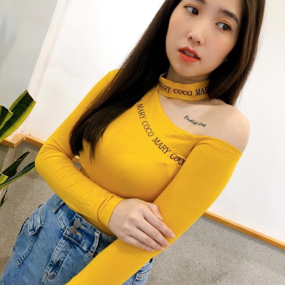 Áo Kiểu Nữ Dài Tay Trễ Vai Phối Cổ Kiểu Choker Cá Tính, Chất Borip Lụa Mềm Mịn, Chữ In Nhiệt Ko Bông Tróc Fom 55kg Đẹp