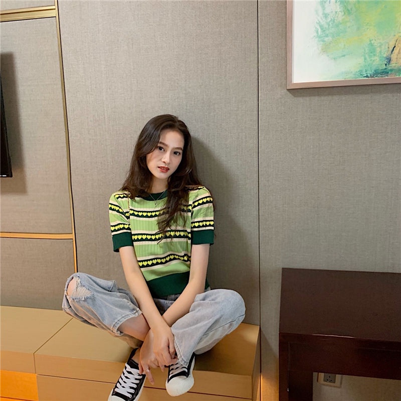 Áo Thun Dệt Kim Tay Ngắn Màu Xanh Bơ Thiết Kế Mới Thời Trang Mùa Hè 2022 Phong Cách Hàn Quốc Cho Nữ