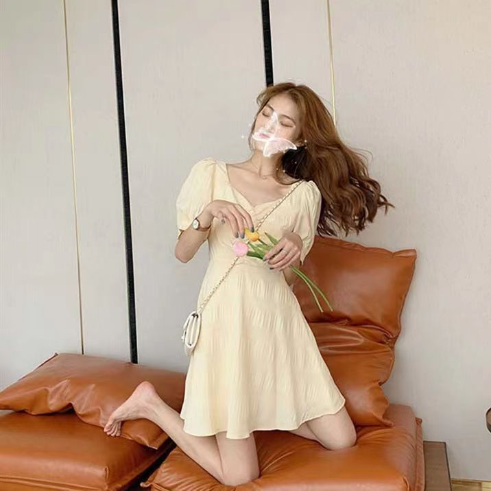 Đầm Voan Hở Lưng Cổ V Tay Phồng Phong Cách Pháp Cổ Điển Váy Nữ
