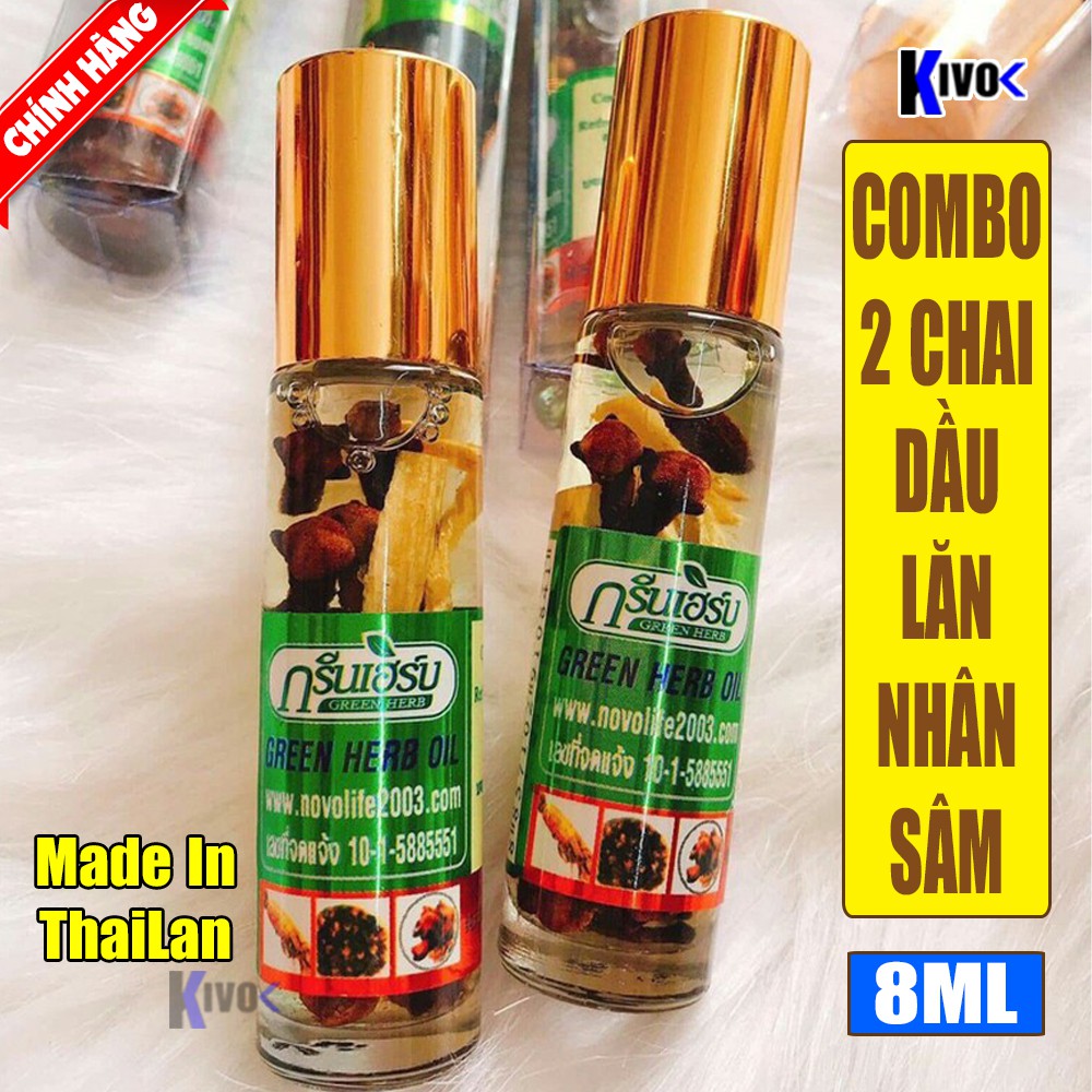 Combo 2 Chai Dầu Lăn Nhân Sâm Thảo Dược Thái Lan GREEN HERB OIL Cao Cấp 8ML - Kivo