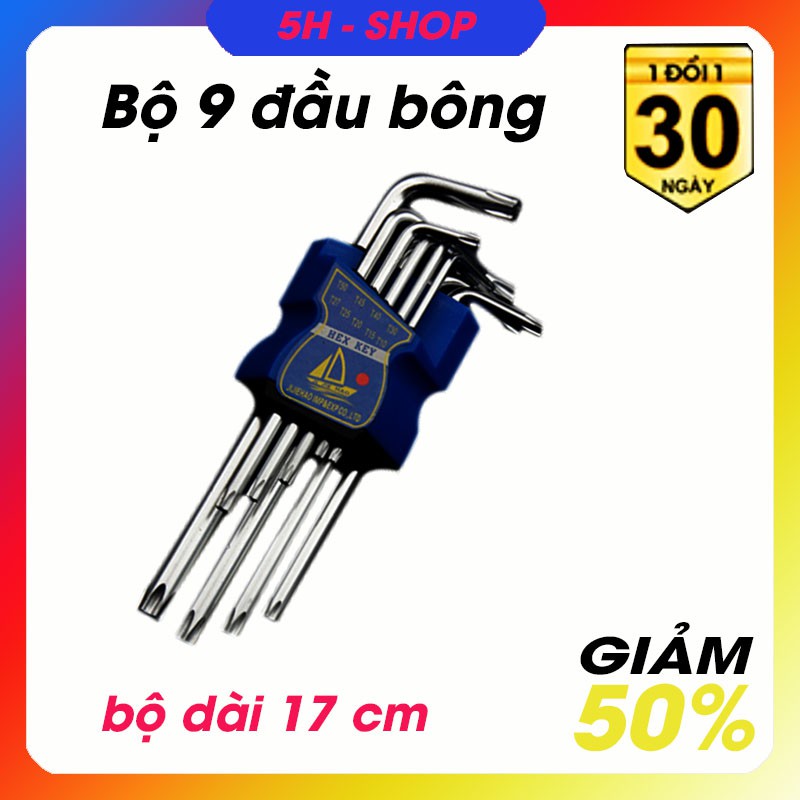 Bộ lục giác 9 cây đầu BÔNG ,2 đầu lục giác từ T10 đến T50 chất liệu thép công nghiệp CRV - mạ crom bền đẹp có video sp.