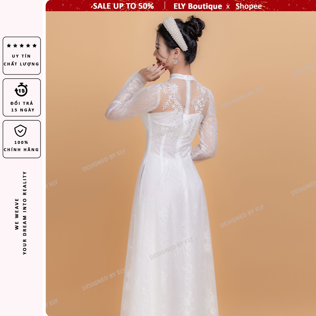 Áo dài cưới truyền thống ELY Boutique đính kết cổ cách điệu, 3 lớp 6 tà ELR08