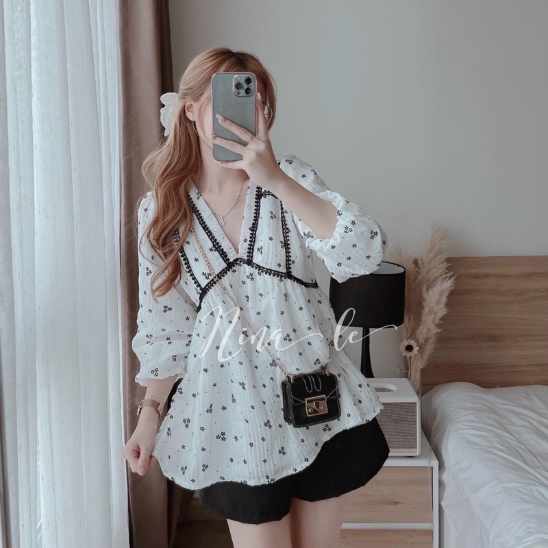SET ÁO BABYDOLL HOA CỔ V KÈM SHORT