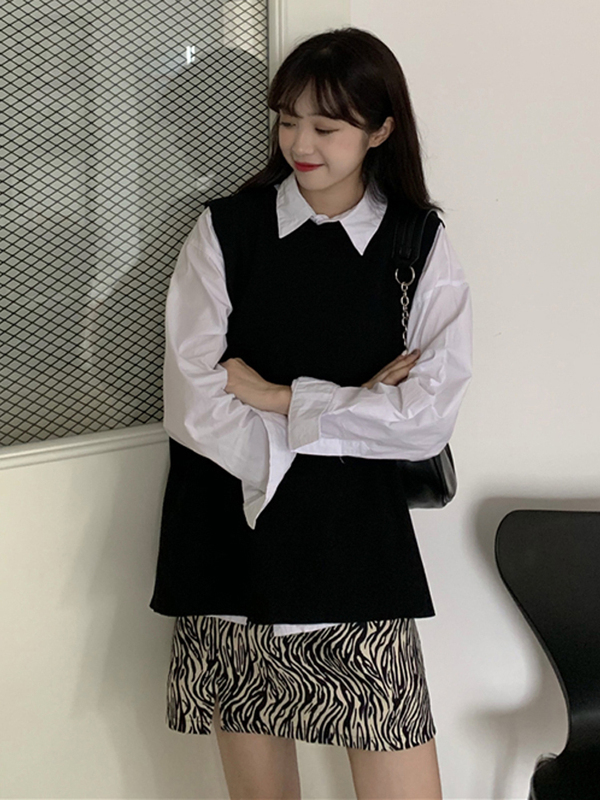 Set áo sơ mi tay dài kèm áo khoác len không tay và chân váy chữ A thời trang dành cho nữ | BigBuy360 - bigbuy360.vn