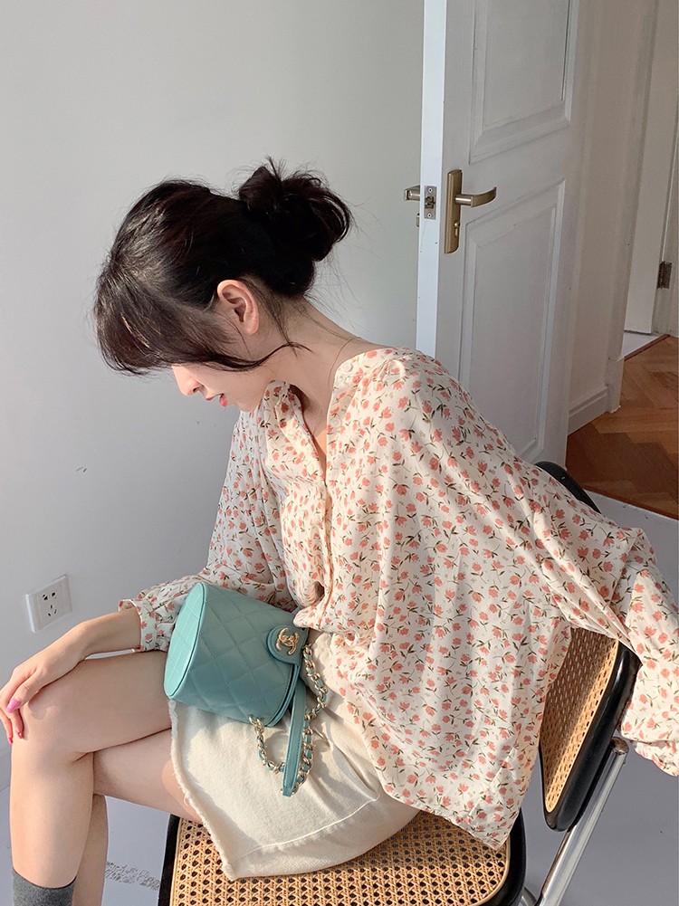 Áo sơ mi SUXI in hoa tay dài kiểu dáng nhẹ nhàng thanh lịch cho nữ