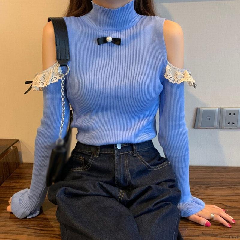 Áo Sweater Dệt Kim Tay Dài Dáng Rộng Hở Vai Thời Trang Mùa Thu Phong Cách Hàn Quốc Cho Nữ