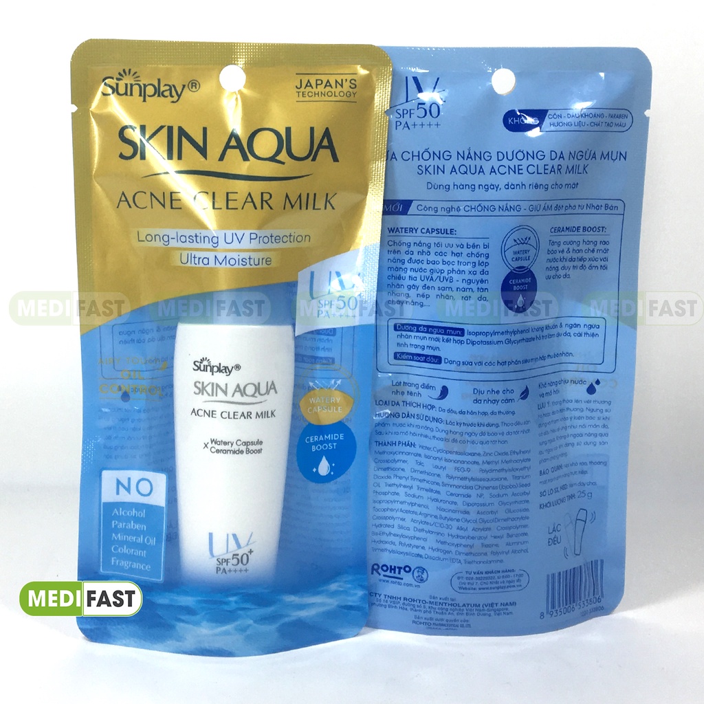 Sữa chống nắng dưỡng da ngừa mụn Sunplay Skin Aqua Acne Clear Milk cho da mụn dầu tuýp 25g