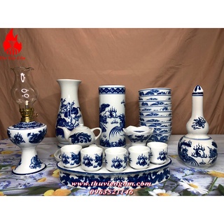 Đồ thờ cúng - Bộ thờ cúng đồ thờ men lam gốm sứ Bát Tràng
