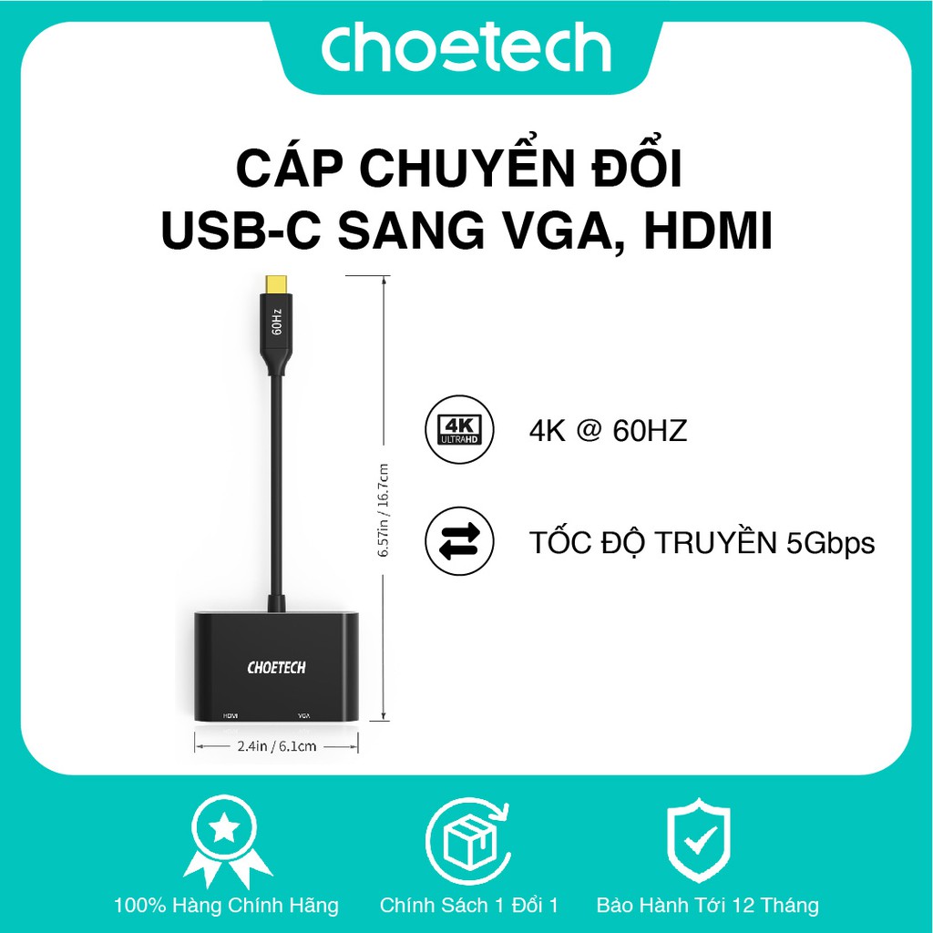 Hub chuyển đồi Choetech 2 trong 1 TYPE C TO HDMI/ VGA (HUB-M17)