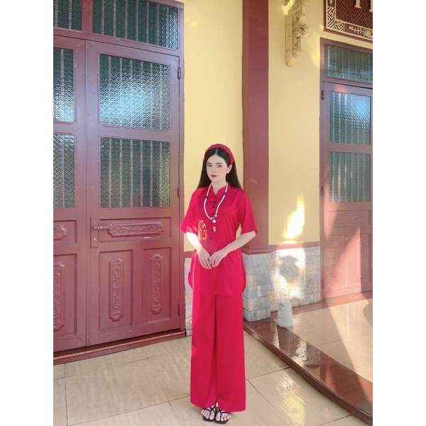 set thời trang nữ lụa cao cấp , áo lam phật tử đi chùa, cổ tàu thêu hoa hồng