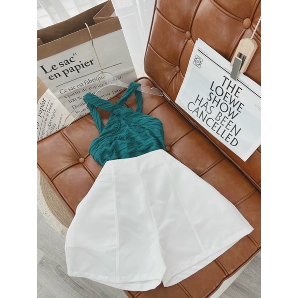 SET ÁO XỐP XANH DÂY YẾM CHÉO + SHORT TRẮNG