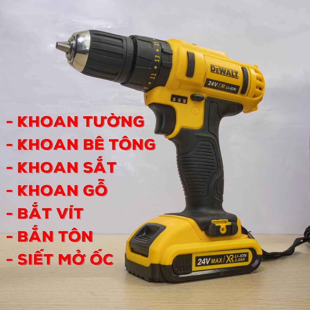 [TẶNG BỘ PHỤ KIỆN 22 CHI TIẾT] Máy khoan pin cầm tay DEWALT 24v có búa - khoan 3 chức năng - máy bắt vít - pin 5 cell