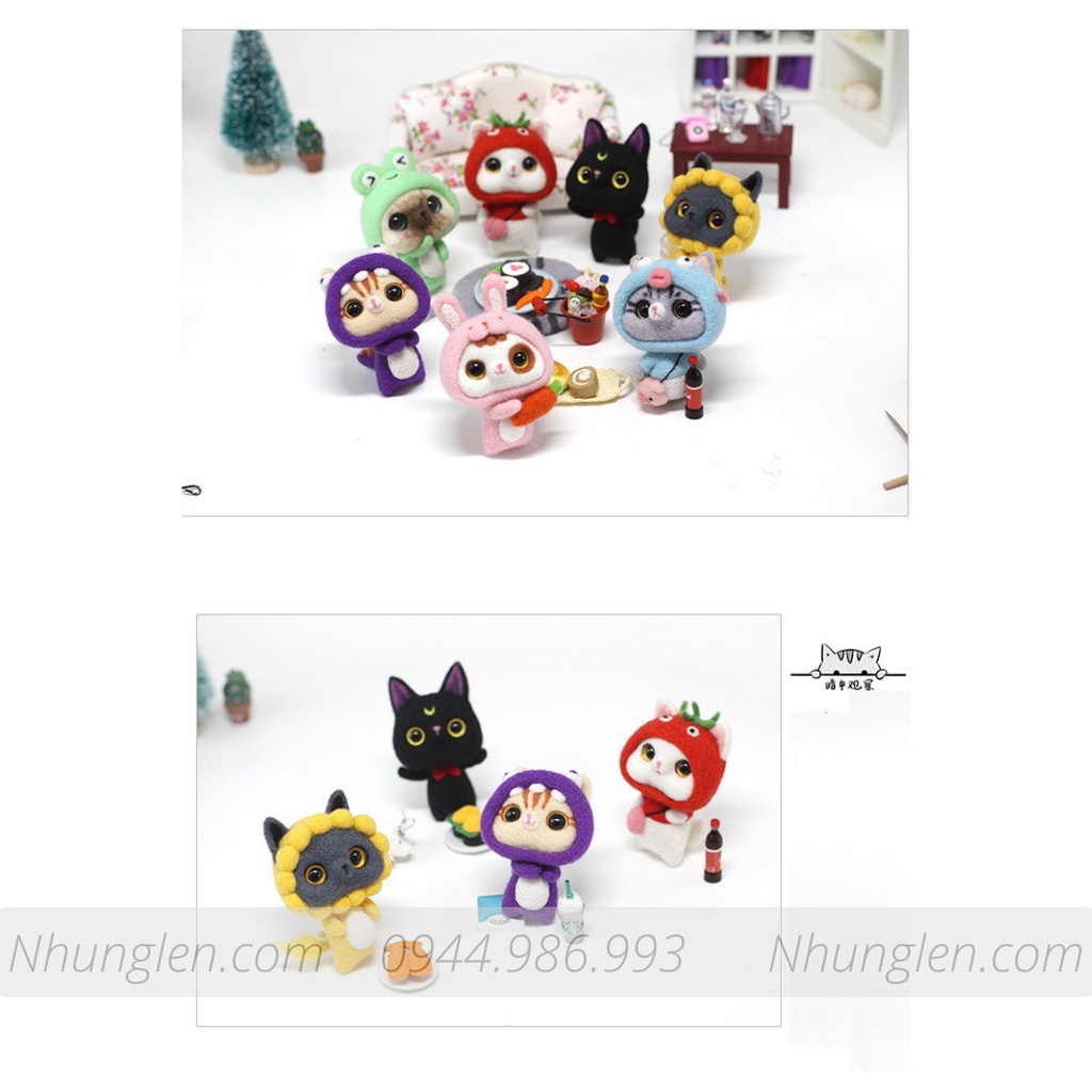 Bộ Len Chọc Mèo Mộng Mơ có hướng dẫn, needle felting cat, quà tặng handmade ý nghĩa
