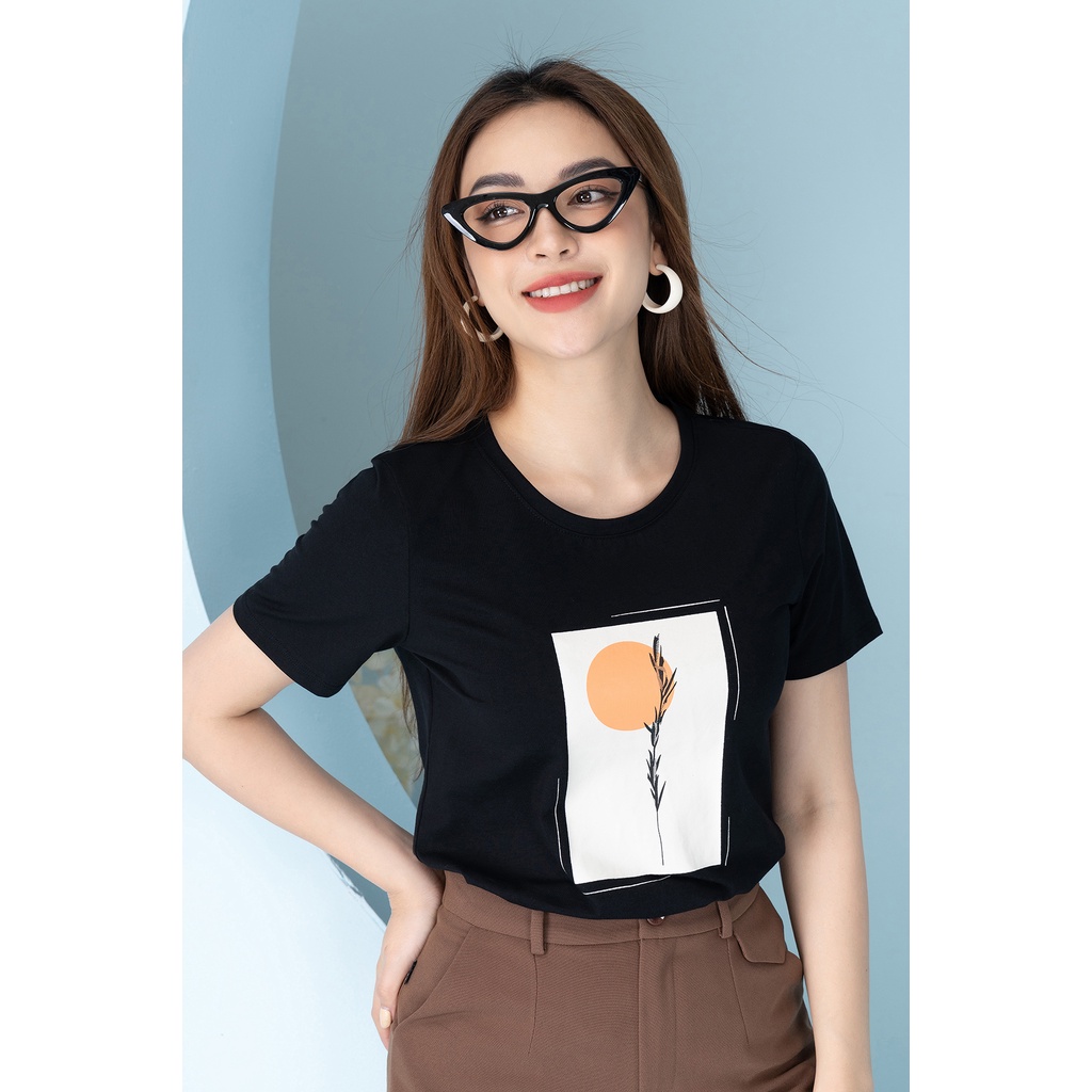 Áo phông in hình mặt trời nhành cây chất liệu Cotton Compact form vừa LOZA PT302025