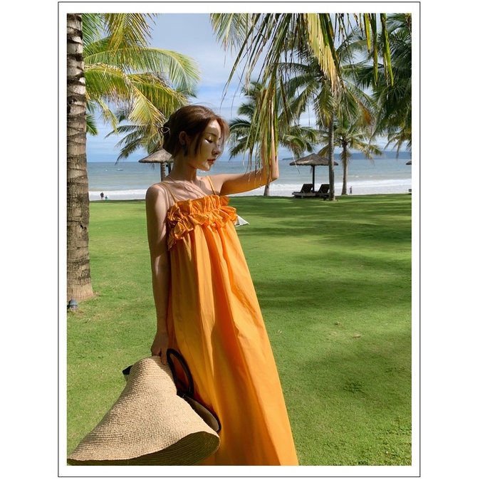 Đầm maxi 2 dây nhúm bèo váy maxi dáng dài 2 màu sang chảnh | BigBuy360 - bigbuy360.vn