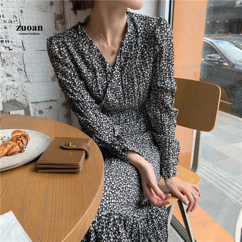 Đầm midi SUXI tay dài cổ V hoạ tiết hoa phong cách retro