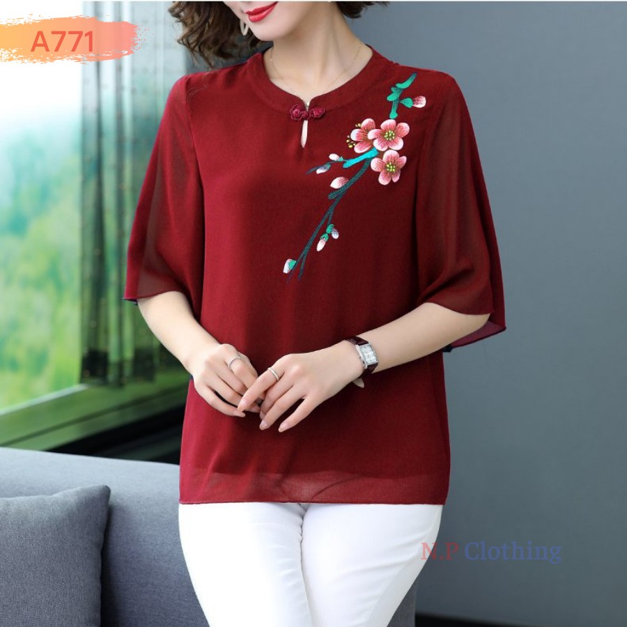 Áo Trung Niên Nữ A355, Kiểu Áo Sơ Mi Trung Niên Form Rộng Bigsize Cổ Bèo Đính Nút Rất Trang Nhã | Thời Trang NP Clothing