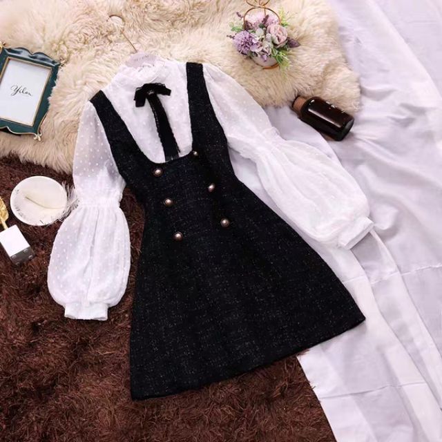 VÁY DẠ TWEET CỔ NƠ, TAY BỒNG