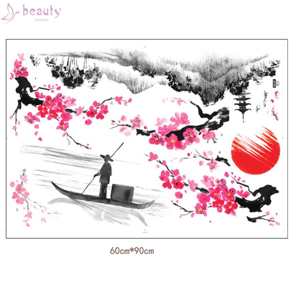 Miếng dán tường chống thấm nước hình cây hoa anh đào phong cách Trung Hoa độc đáo